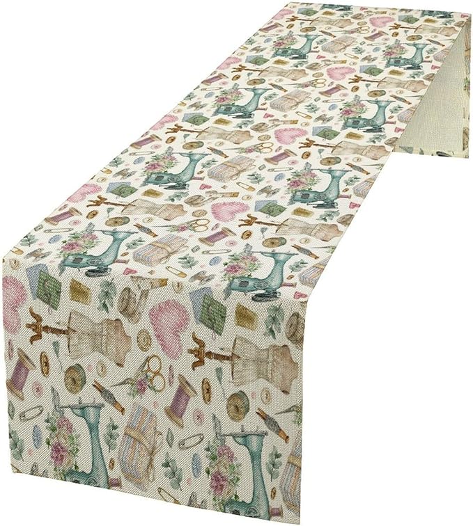 Sewing Theme Table Runner,Vintage Sewing Machine Tool Watercolor Pattern Print Tablecloth Burlap for Hotel Indoors Outdoor Dining Room Kitchen Home Decor,W13X L80 in