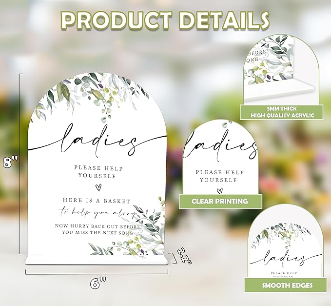 2 Pcs Greenery Wedding Bathroom Ladies & Gents Signs, 6 x 8 Inch White Arch Acrylic Wedding Sign with Holder, Wedding Sign for Ceremony and Reception, Wedding Decoration, Wedding Supplies - LY32