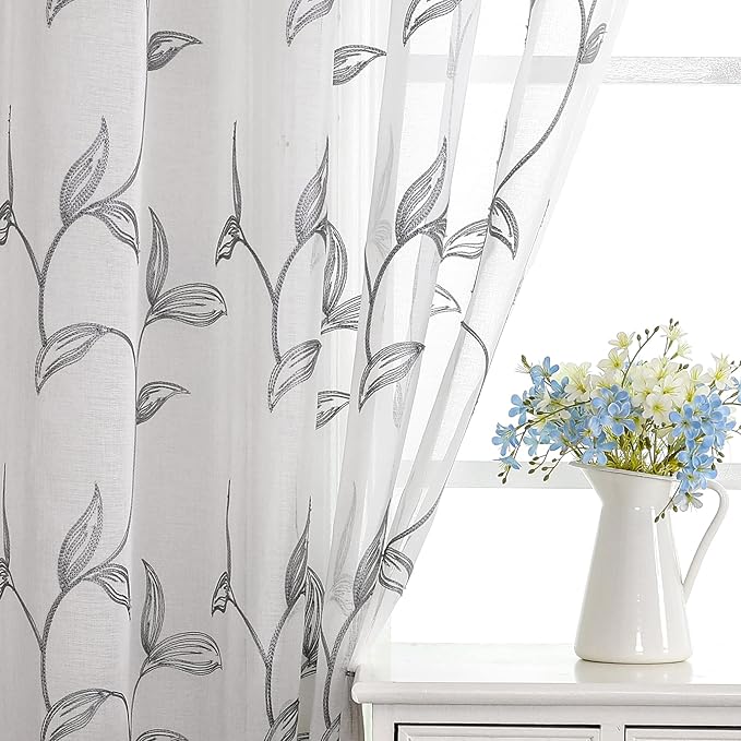 VISIONTEX Sheer Curtains 108 Inch Length 2 Panels, Decor Iron Grey Vine Leaves Embroidery on White Voile Pair, Accent Semi Window Drapes for Kitchen, Living Room and Bedroom, 54" W x 108" L