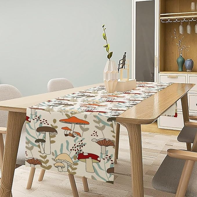 Mushroom Table Runner, Vintage Nature Plant Table Runner for Farmhouse Kitchen Dining Table Decoration for Home Party Decor 13x108 Inch