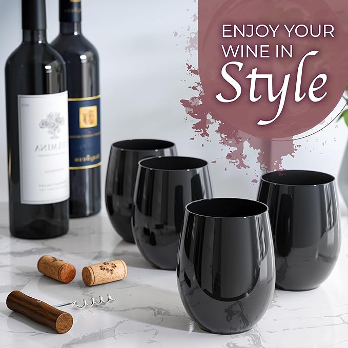 Stemware: 48 Disposable Stemless Plastic Wine Glasses, 12 oz Each