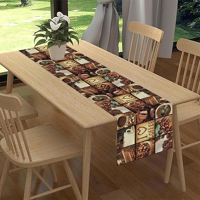 Coffee Theme Table Runner, Retro Farmhouse Coffee Cup Latte Cappuccino Tea Party Cafe Table Center Decor for Home Kitchen Dining Patio Holiday Party Indoor Outdoor Table Decorations,13"x36" Inch