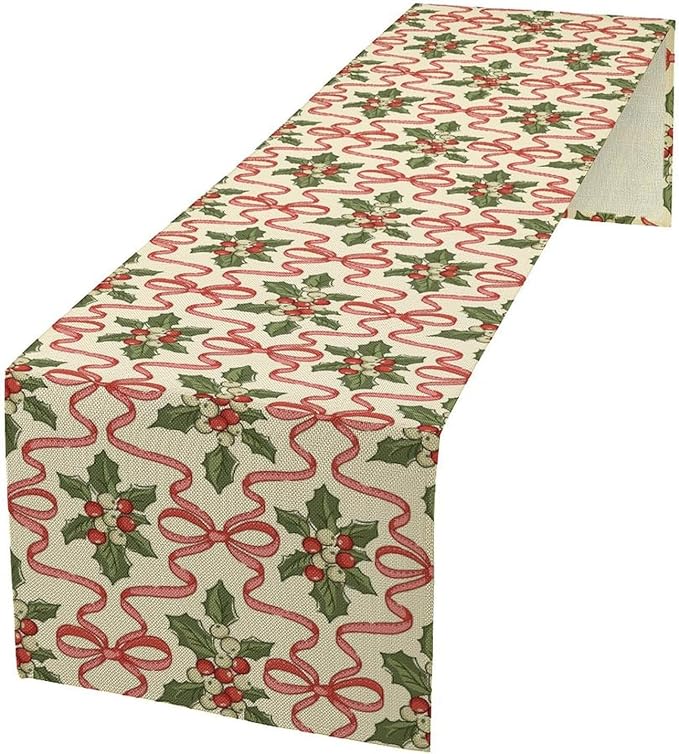 Christmas Table Runner,Xmas Holiday Bowknot Decor Table Cloth Kitchen Dining Table Decoration for Home Party Decor 13x60 Inch