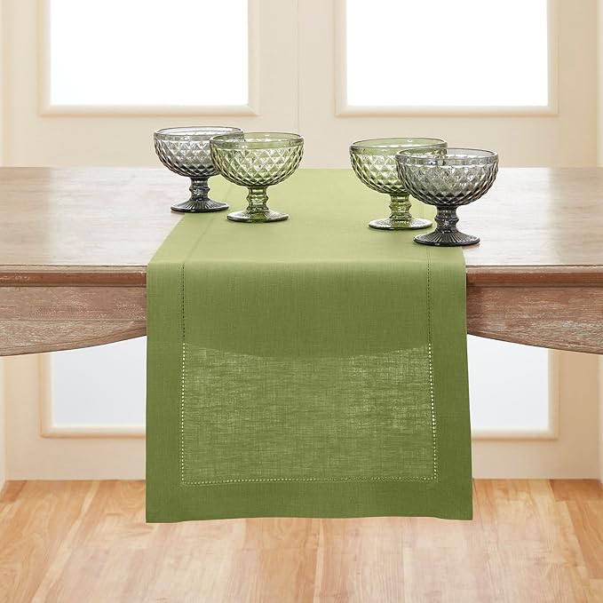 Solino Home Linen Moss Green Table Runner 144 Inches Long - 100% Pure Linen Extra Long Table Runner 14 x 144 Inch for Fall, Autumn, Thanksgiving - Classic Hemstitch
