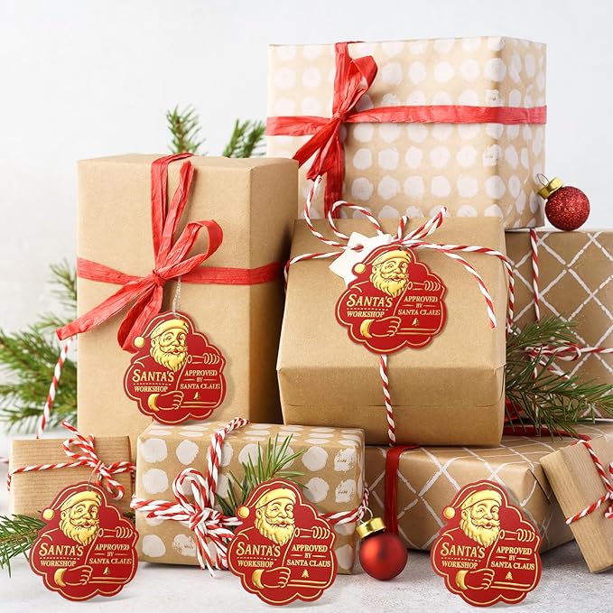 36 Pcs Christmas Gift Tag with String 3D Santa Gift Tag Gold Foil Present from Santa Claus Premium Gold Tags for Kids Christmas Party Decor(Vintage)