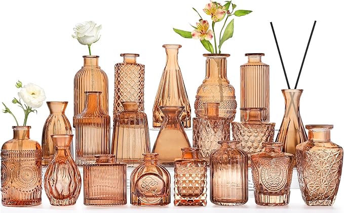 Amber Glass Bud Vases -Set of 20 for Flowers, Small Amber Bud Vases in Bulk for Centerpieces Decor, Mini Glass Set for Home Table Decorations