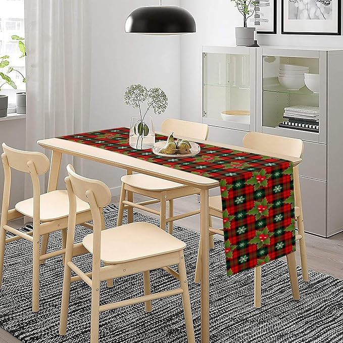 Christmas Table Runner, Red Check Plaid Winter Xmas Holiday Table Cloth Kitchen Dining Table Decoration for Home Party Decor 13x90 Inch
