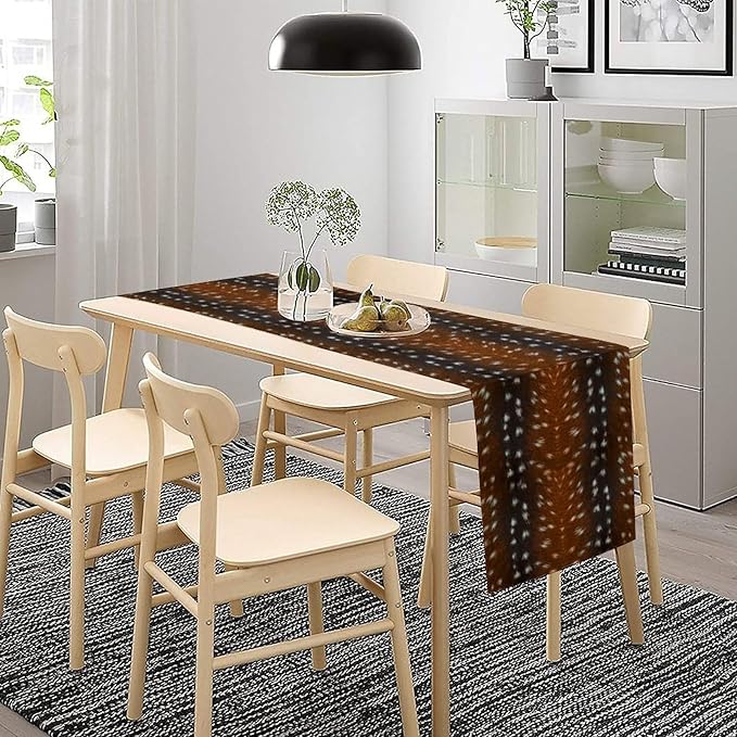 Deer Skin Table Runner Brown Fur Runner Black White Elk Deer Print Fur Western Print Cotton Linen Cottage Dinner Table Runners for Dining Room Kitchen Table Setting, 13x90 Inch