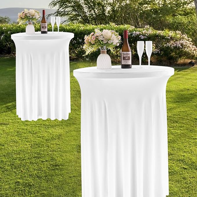 Fivenl Spandex Cocktail Table Skirt 32"x 43" White Stretch Cocktail Table Cover, Washable Round High Top Tablecloth for Bar, Wedding, Party, Events (White)