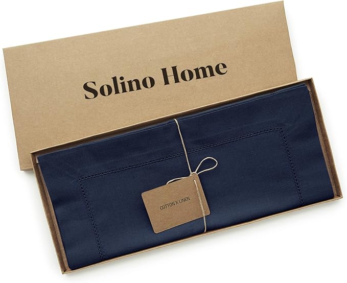 Solino Home Navy Blue Table Runner 144 Inches Long - Cotton Linen Hemstitch Extra Long Table Runner 14 x 144 Inch for Thanksgiving, Christmas, Holiday