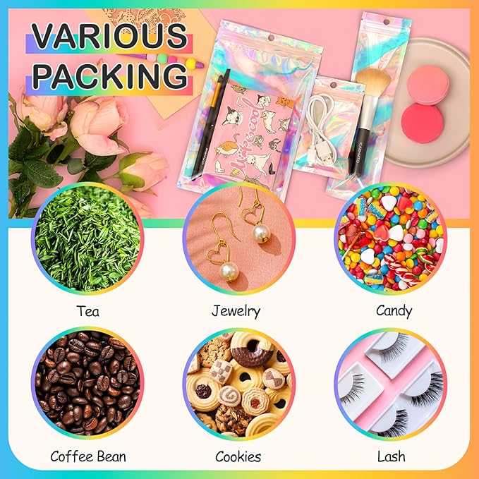 Funfery 100 Pack Smell Proof Holographic Bags Clear Resealable Bags,Mylar Foil Bag with Zipper,Sealing Pouch Packaging Bag for Food Storage,Candy,Party Favor Sample Business Supplies(4.7x7in)