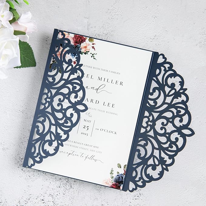 20Pcs Navy Blue Laser Cut Invitation Cards With Blank Inner Sheets for Wedding Cards Bridal Shower Engagement Quinceanera Invitation (No Envelopes)