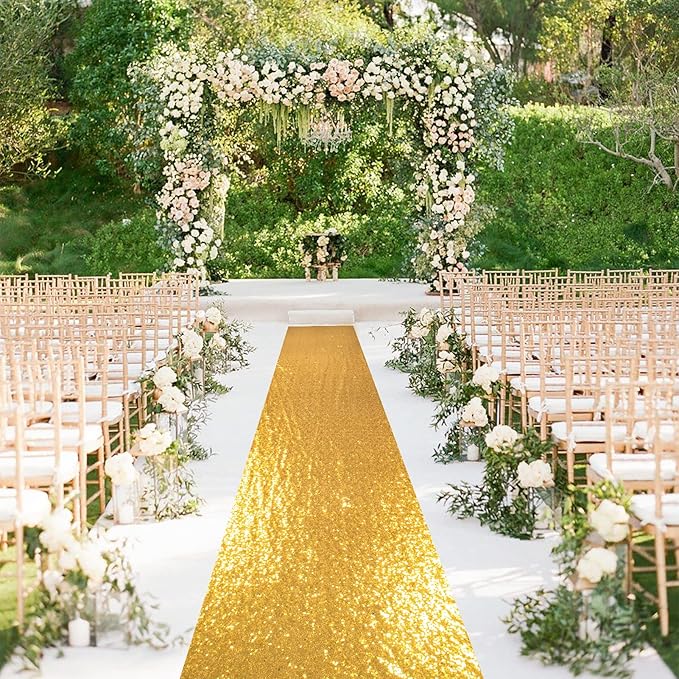 Sequin Aisle Runner, Gold, 4 x 30 Ft One-Piece Seamless Floor Runner