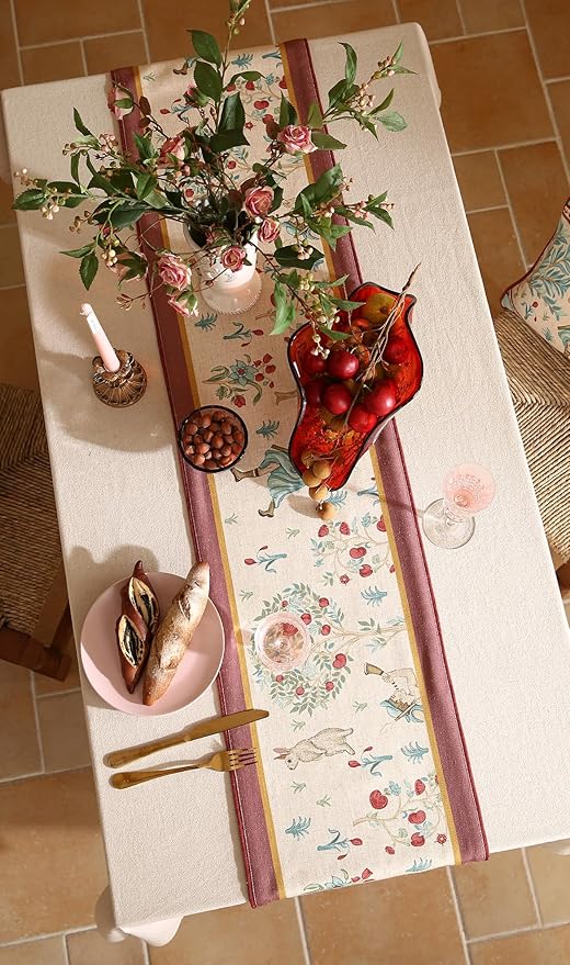 patdrea Designer Idyll Linen Table Runner, Vintage Beige Farmhouse with Ancient Spring Figure and Fruit Trees Pattern Table Mat, Decoration for Kitchen Dining Banquet Christmas ,12"*71"