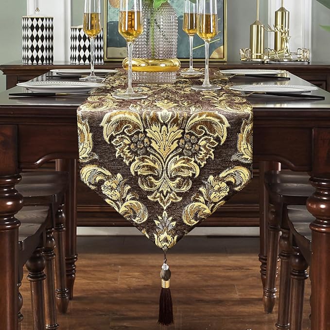 European Royal Table Runners Retro Flowers Luxury Jacquard with Tassels Dark Brown 13x60