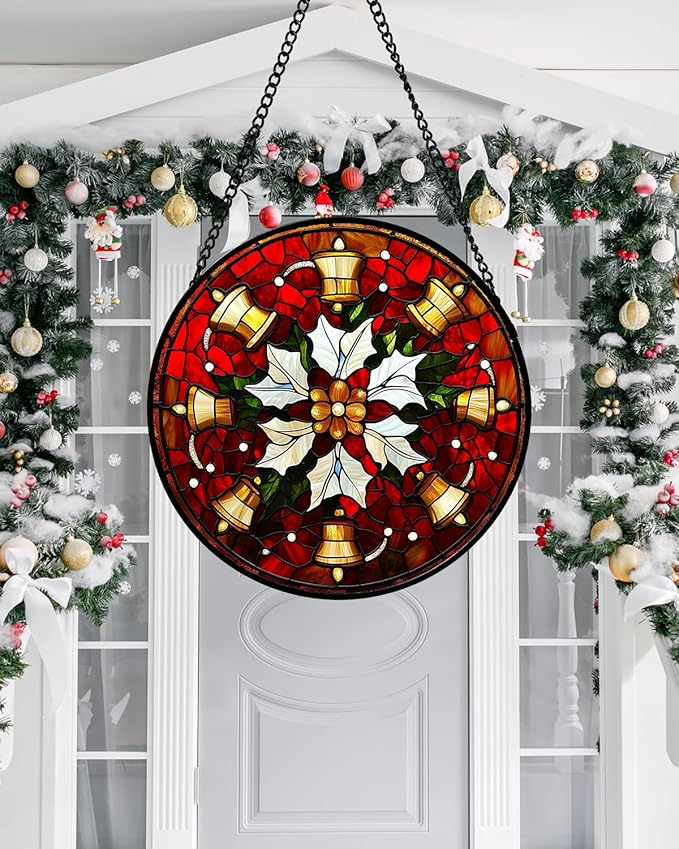 Stained Glass Window Hanging - Golden Bells Flowers Suncatcher for Doors Home Christmas Decoration Winter Sun Catcher Thanksgiving New Year Birthday Gift for Friend Women Men Mom Nana 11.8 in