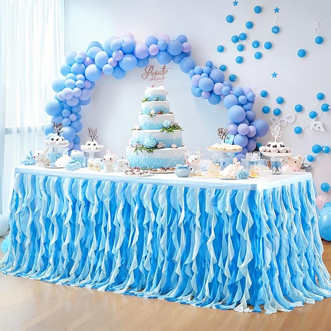 PARTISKY Ocean Blue Tulle Tutu Ruffle Curly Willow Table Skirt for Rectangle Table 6ft,Under The Sea Baby Shark Themed Table Cloth for Boys Girls Birthday Party or Baby Shower