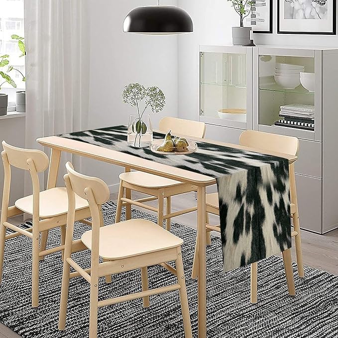 Rustic Cow Skin Print Table Runner, Country Farm Animal Fur Skin Pattern Western Style Brown Cowhide Print Cotton Linen Cottage Dinner Runner for Home Kitchen Dining, 13x70 Inch