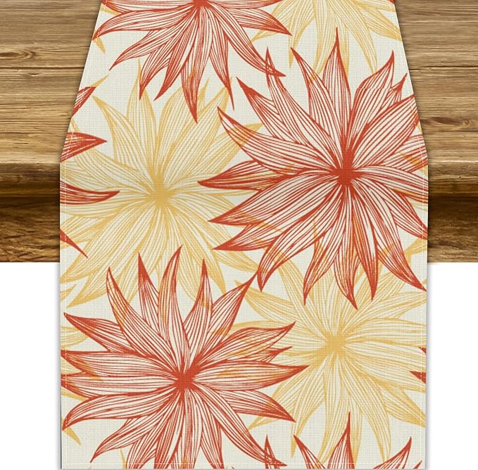Autumn Chrysanthemum Table Runner, Vintage Modern Geometric Floral Boho Table Runner for Kitchen Dining Bedroom Living Room Table Decor for Indoor Outdoor Home Party, 13x120 Inch