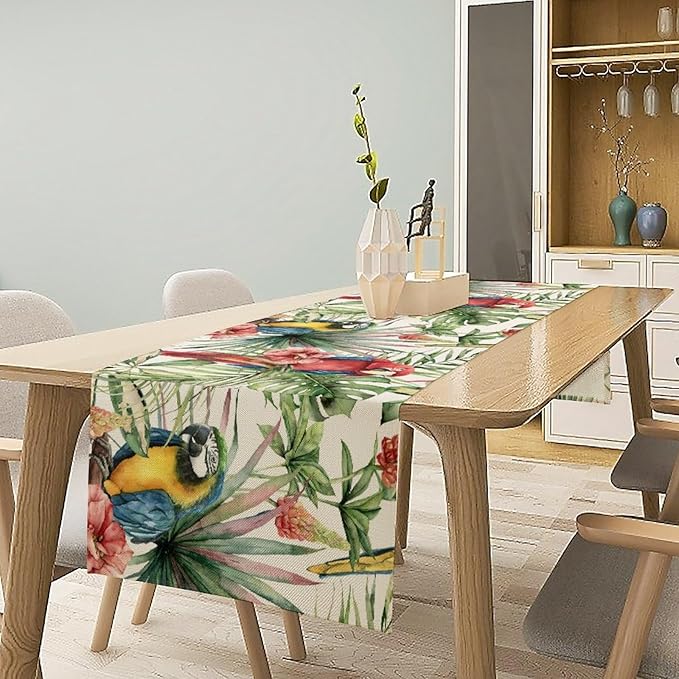 Parrot Table Runner,Tropical Palm Leaf Colorful Macaw Bird Watercolor Print Tablecloth Burlap for Hotel Indoors Outdoor Dining Room Kitchen Home Decor,W13X L60 in