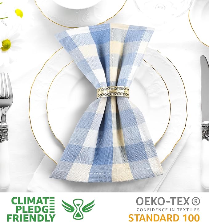 Cloth Napkins in Blue Sand Check, 100% Cotton, 20x20 Inch