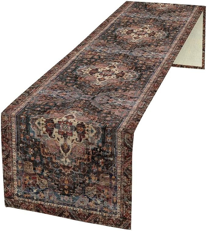 Vintage Boho Floral Table Runner, Rustic Country Farmhouse Black Bohemia Flower Pattern for Home Kitchen Table Decor Dining Coffee Room Party Decor 13x90in