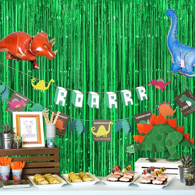 Streamers Party Backdrop Curtains, Green Metallic PET, 4 Pack 3.2 x 8.2 FT