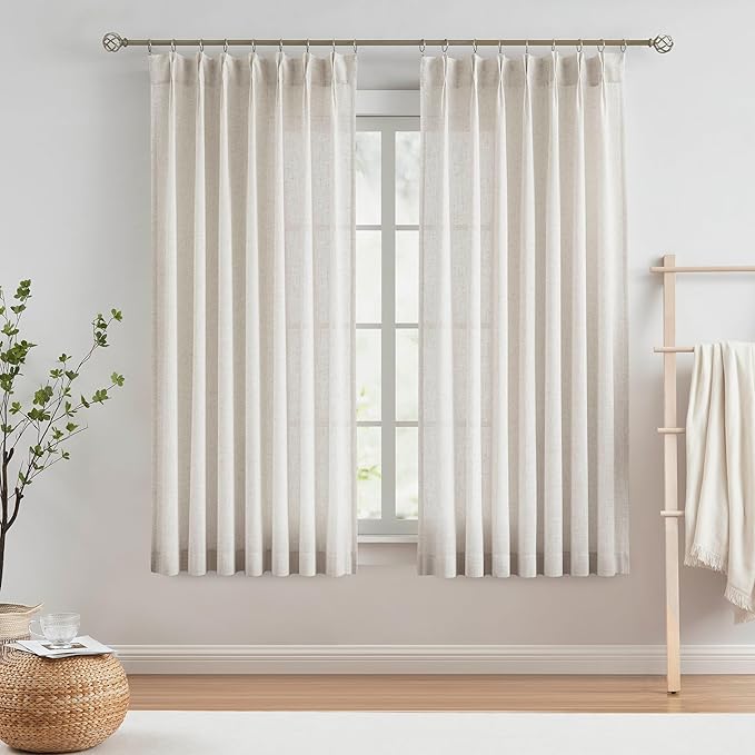 Vision Home Natural Pinch Pleated Semi Sheer Curtains Textured Linen Blended Light Filtering Window Curtains 72 inch for Living Room Bedroom Pinch Pleat Drapes with Hooks 2 Panels 42" Wx72 L