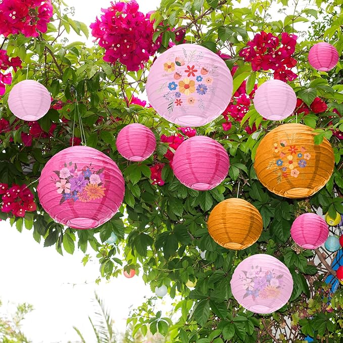 Riakrum 16 Pcs Pink and Orange Paper Lanterns Birthday Party Decorations Mixed Size 6'' 8'' 10'' 12'' Colorful Chinese Hanging Paper Lanterns for Wedding Home Decorations Supplies