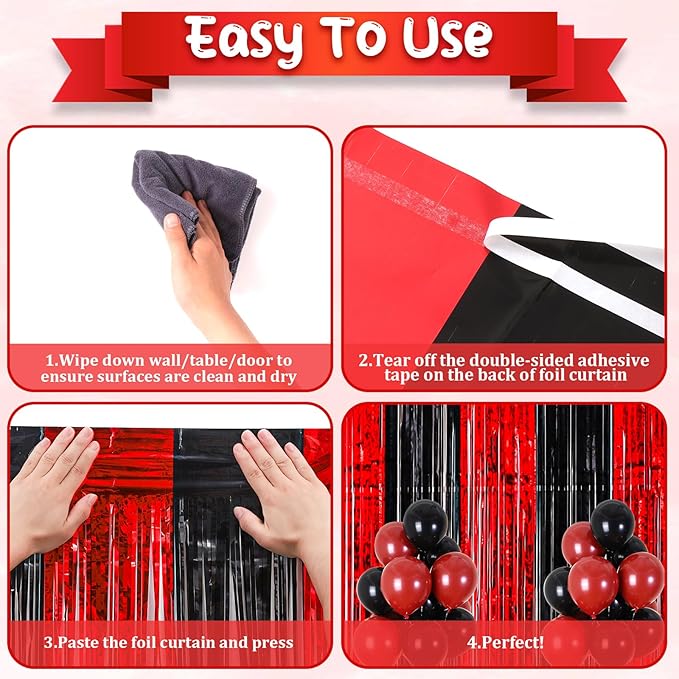 2 Pack 3.3x8.2 Feet Red and Black Foil Fringe Backdrop Curtains, Tinsel Streamers Birthday Party Decorations, Fringe Backdrop for Graduation, Movie Night, Horror Party