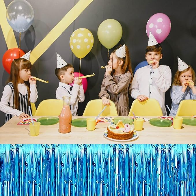 3 Pack 29 x108 Inch Lake Blue Foil Fringe Table Skirts Metallic Banner for Tinsel Streamer Garland Backdrop for Parade Floats Mother's Day, Graduate, Birthday, Wedding Party Decoration