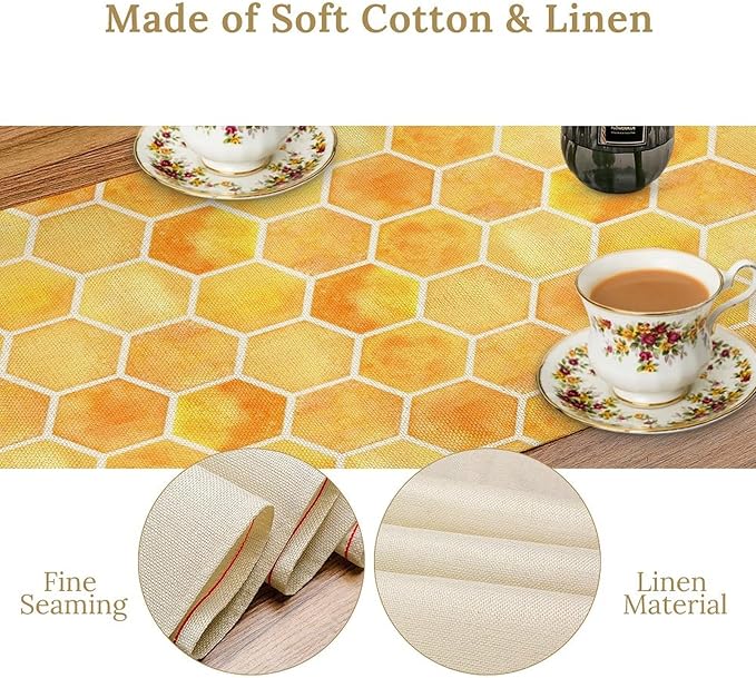 Honeycomb Bee Table Runner, Cute Abstract Geometric Yellow Honeycombs Print Table Cover for Kitchen Dining Table Indoor Outdoor Party Decor, 13x36inch