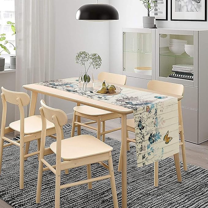 Nature Dandelion Table Runner,Rustic Floral Wood Plank Butterfly Girl Women Pattern Print Burlap Tablecloth for Hotel Indoors Outdoor Dining Room Kitchen Table Decor, 13x70in