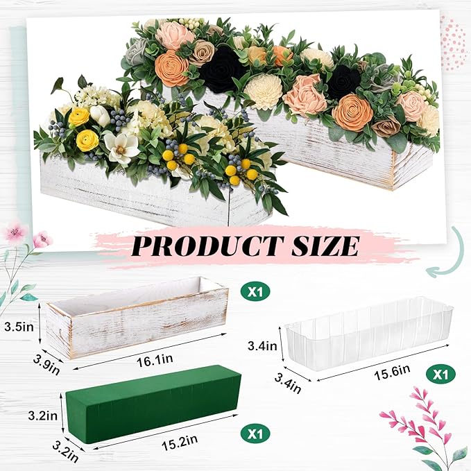 Planter Box Set, Rustic White Wood, 16 Inch, with Liner and Foam
