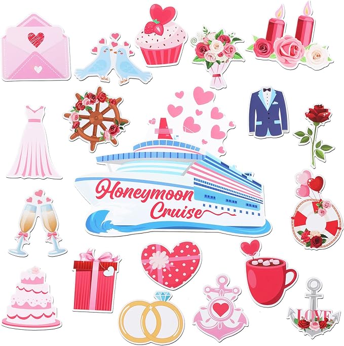 Oudain 19 Pcs Honeymoon Cruise Door Decorations Wedding Cruise Door Magnets Anniversary Sign Wedding Car Ship Magnets for Honeymoon Carnival Party Decor