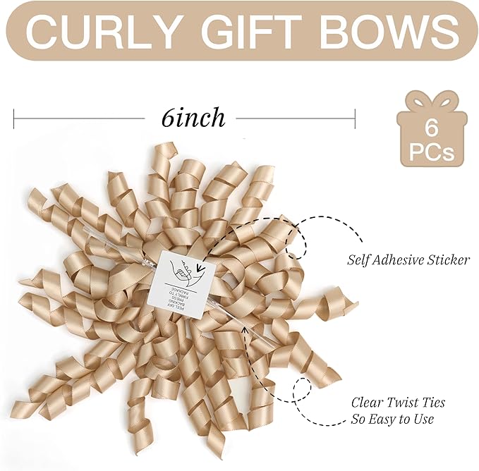 Gift Wrap Bows, Champagne Satin 6 Pack with Self-Adhesive Backing for Wrapping