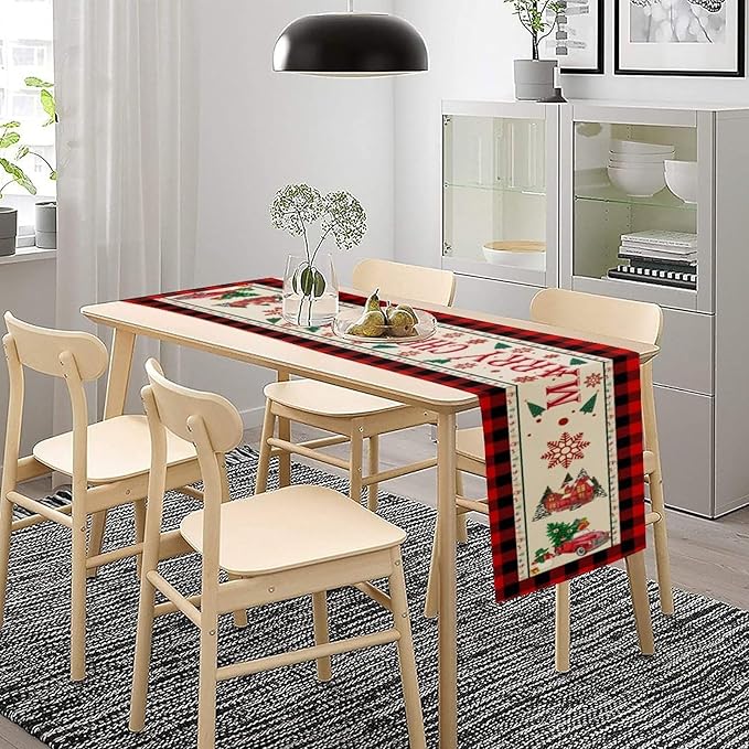 Merry Christmas Table Runner,Winter Xmas Holiday Table Cloth Kitchen Dining Table Decoration for Home Party Decor 13x36 Inch