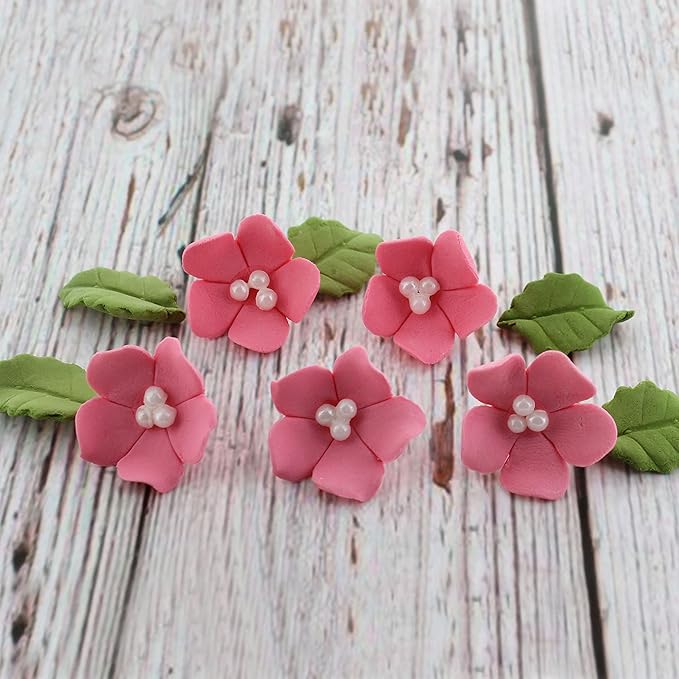 Edible Cake Toppers: Small Pink Gumpaste Flowers and Leaves, 72 Pieces