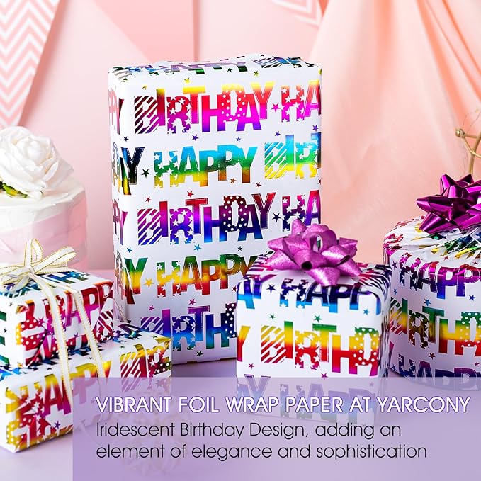 Yarcony Birthday Wrapping Paper Roll, Mini Roll Gift Wrapping Paper, Colorful Foil Girl Happy Birthday Gift Wrap Rainbow Present Paper for Boys Girls, Holiday,Party,Baby Shower(17 Inch X 16.5 Feet)