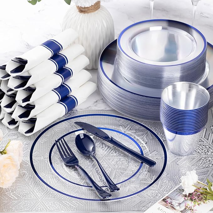 Plates Set for 100 Guests, 700 Pieces, Dark Blue Plastic with Trim