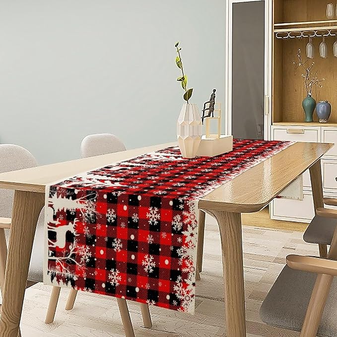 Christmas Table Runner,Red Black Plaid Xmas Snowflakes Deer Trees Print Tablecloth Burlap for Hotel Indoors Outdoor Dining Room Kitchen Home Decor,W13X L80 in