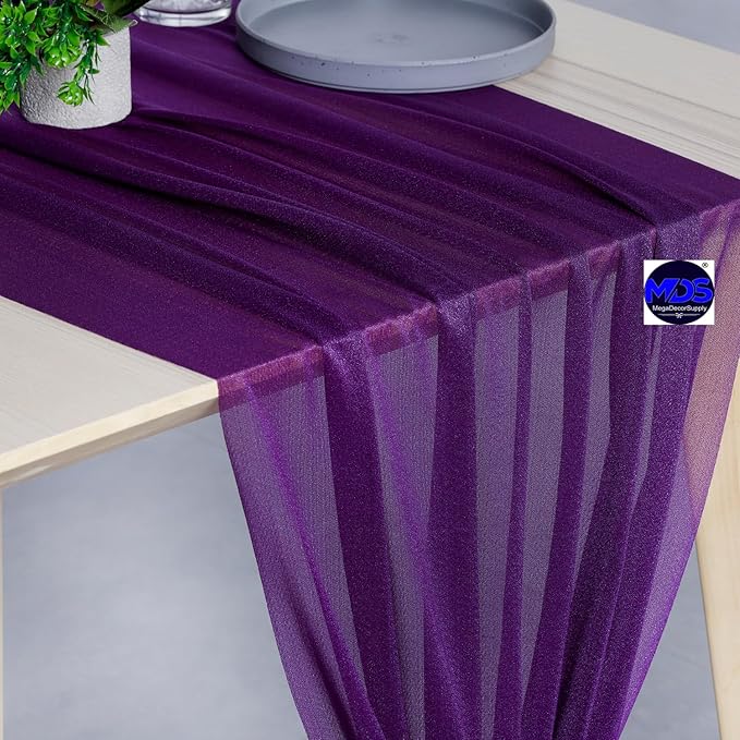 MDS 25 Pack 10ft Chiffon Table Runner 29 x 120 Inches Sheer Wedding Runner Romantic Rustic Table Runner for Wedding Decorations, Birthday Parties, Bridal Shower Party Arch Decor - Cadbury Purple