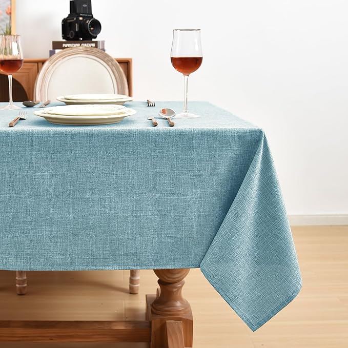 Fitable Faux Linen Tablecloths Rectangle 60 x 120 Inch - 2 Pack Waterproof Table Clothes for 8 Foot Tables, Turquoise Flax Look Kitchen Table Covers for Farmhouse, Dining, Party, Banquet, Buffet