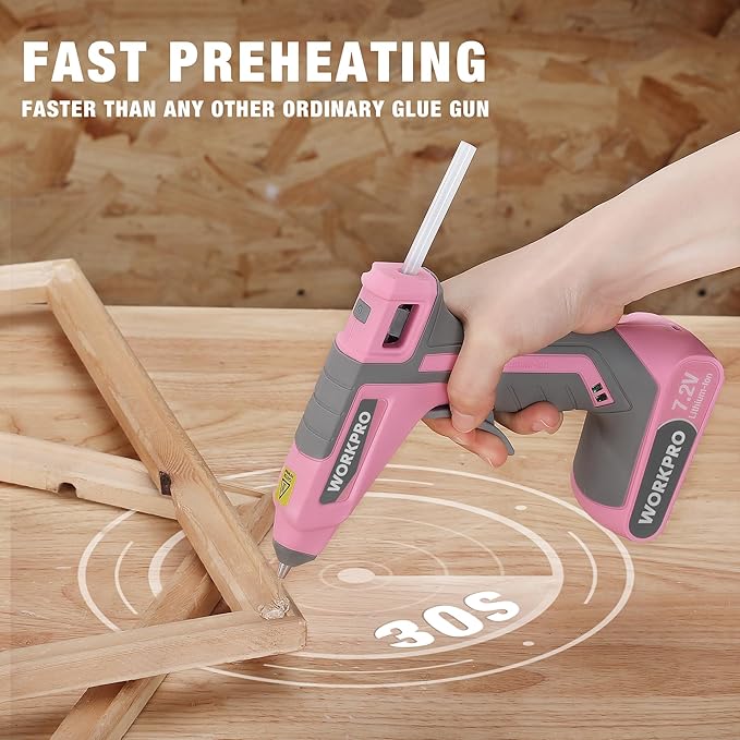 WORKPRO Pink Cordless Hot Melt Glue Gun, 7.2V Rechargeable Fast Preheating Glue Gun Kit with 20 Pc Premium Mini Glue Stick, Automatic-Power-Off Hot Glue Gun for Art, Craft, Decoration - Pink Ribbon