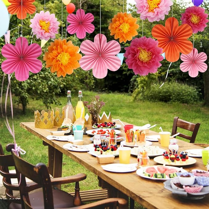 Paper Fan Party Decorations, 12 Pack, Orange and Hot Pink