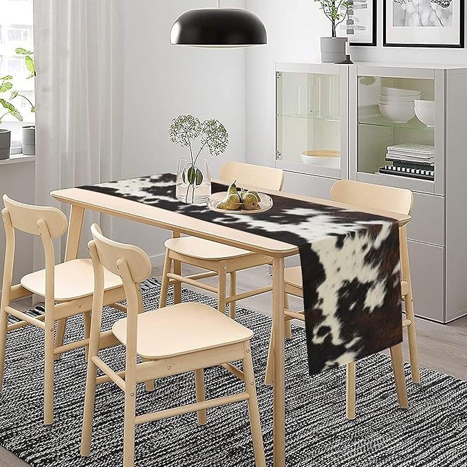 Cow Print Table Runner, Brown Cowhide Print Western Style Table Runner Country Farmhouse Cottage Cow Patten Table Decoration for Home Kitchen Dining, 13x90 Inch