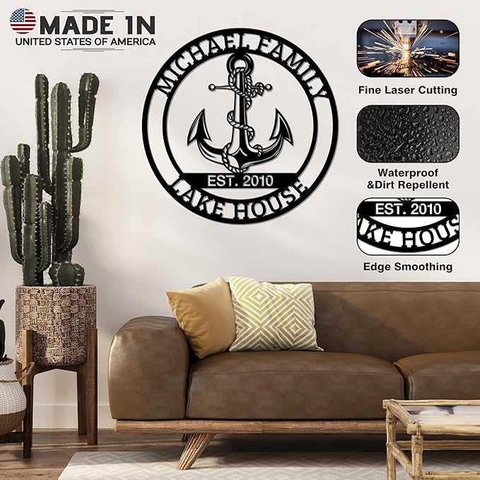 Personalized Metal Anchor Sign, Custom Family Last Name Sign, Nautical Outdoor Monogram Wall Art, Coastal Beach House, Lake House Decor, Housewarming Christmas Wedding Gifts