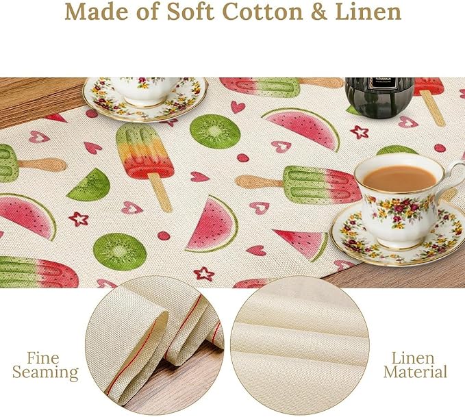 Summer Popsicles Table Runner, Colorful Watercolor Ice Cream Loves Heart Seasonal Dinner Runner for Party Holiday Home Kitchen Dining Table Decor 13"x90"