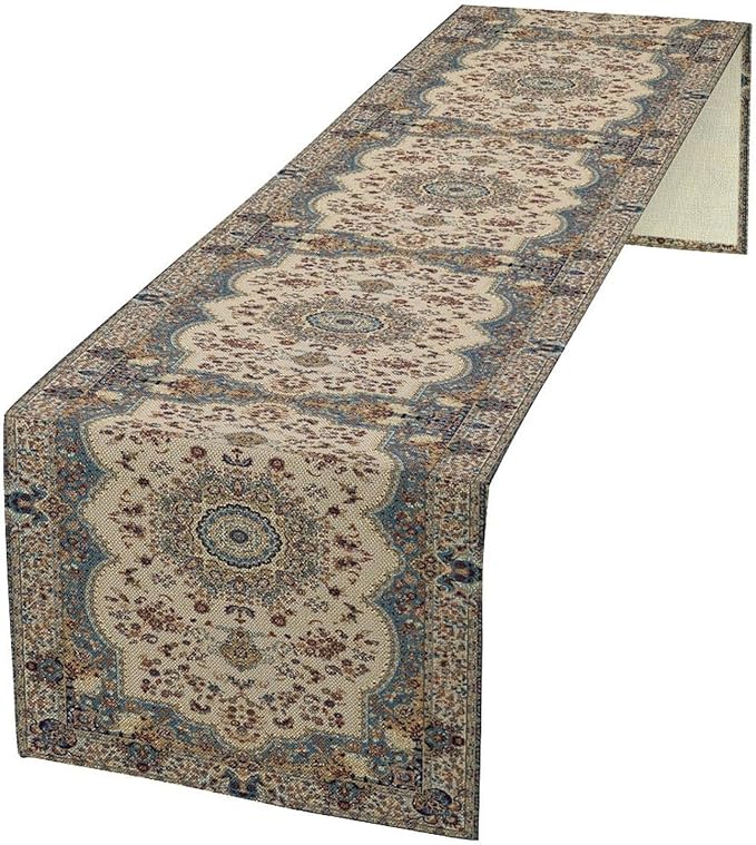 Boho Bohemia Style Table Runner, Vintage Blue Teal Gold Retro Flower Rustic Country Style Floral Print Pattern for Home Kitchen Table Decor Dining Coffee Room Garden Party Decor 13x108in