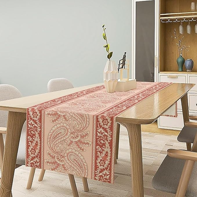 Pink Paisley Table Runner, Abstract Vintage Boho Paisley Flowers Leaves Print Table Runner for Home Kitchen Dining Room Wedding Party Decor, 13x36inch